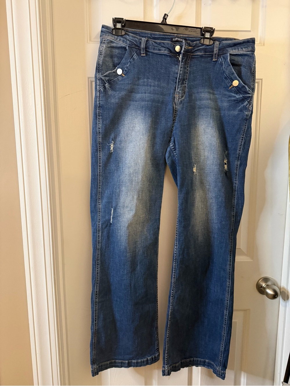 Wide Leg Blue Flare Jeans with Light Distressing